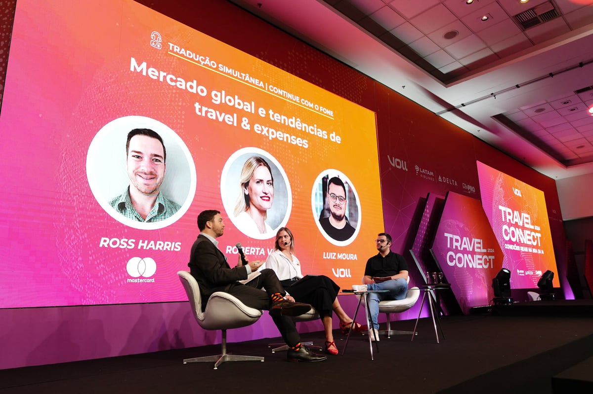 Speaker internacional Ross Harris Vice Presidente de Produtos Corporativos e T&E da Mastercard participou de painel sobre despesas corporativas com Roberta Valle Vice Presidente de Varejo e Comércio da Mastercard e Luiz Moura CBO da VOLL