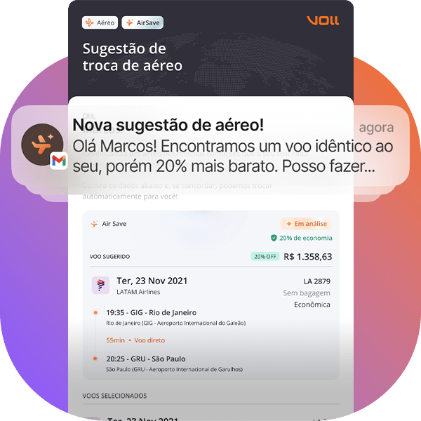 VOLL Airsave-Agente de IA que retarifa as reservas de voos por opções mais econômicas, antes de enviá-las para aprovação. VOLL Airsave-Agente de IA que retarifa as reservas de voos por opções mais econômicas, antes de enviá-las para aprovação.