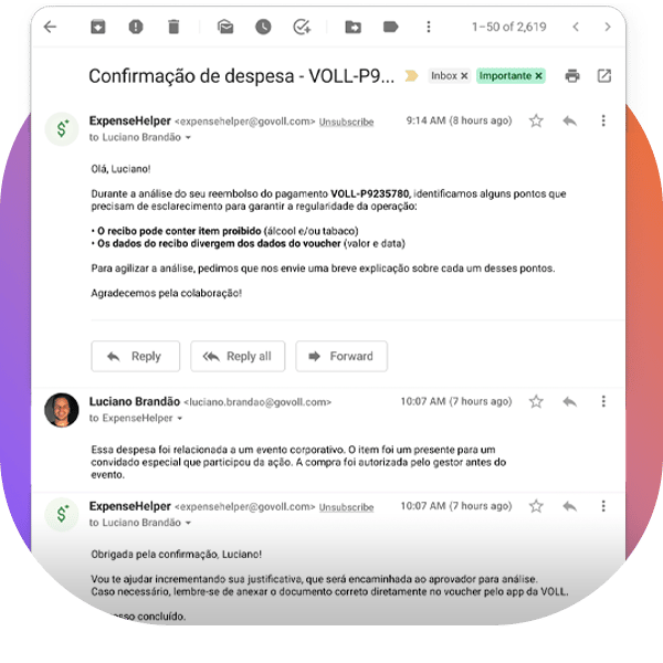 VOLL ExpenseHelper - Agente de IA que identifica anomalias em comprovantes e pagamentos e aciona o colaborador para reembolsar valores não aprovados. VOLL ExpenseHelper - Agente de IA que identifica anomalias em comprovantes e pagamentos e aciona o colaborador para reembolsar valores não aprovados.