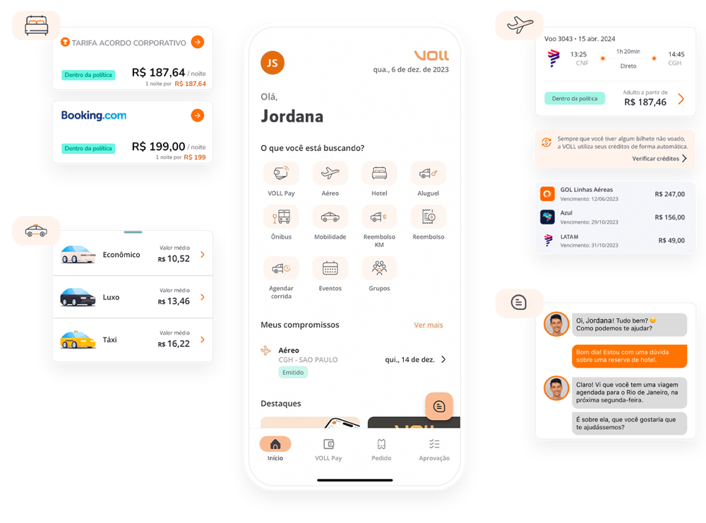Telas do app VOLL, mostrando a jornada completa do viajante, contendo reservas de hotéis, solicitação de transporte urbano, passagens aéreas e chat ao vivo Telas do app VOLL, mostrando a jornada completa do viajante, contendo reservas de hotéis, solicitação de transporte urbano, passagens aéreas e chat ao vivo